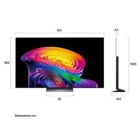 La LG OLED evo AI C6, que se muestra en vista frontal y lateral, destaca por su pantalla de 77 pulgadas con una anchura de 1711 mm, una altura total de 982 mm y un grosor ultrafino de 47.1 mm sin soporte.